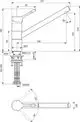 Ein Diagramm einer Küchenarmatur von Ideal Standard, mit einem hohen Auslauf und verschiedenen Maße für Installation und Bewegung. Zeigt seitliche und obere Ansichten.